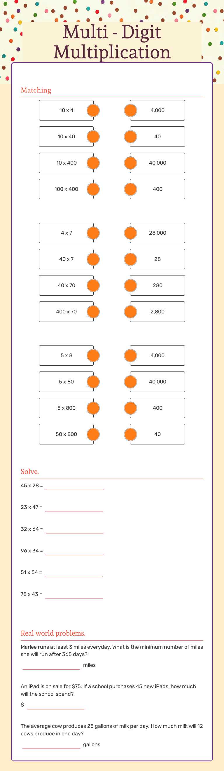 Multi - Digit Multiplication worksheet preview image