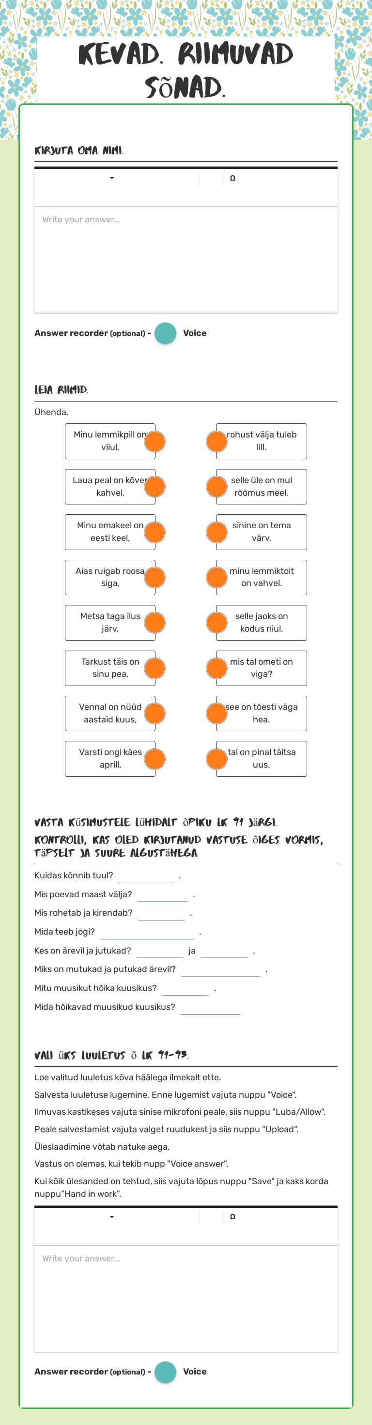 Kevad. Riimuvad sõnad. worksheet preview image