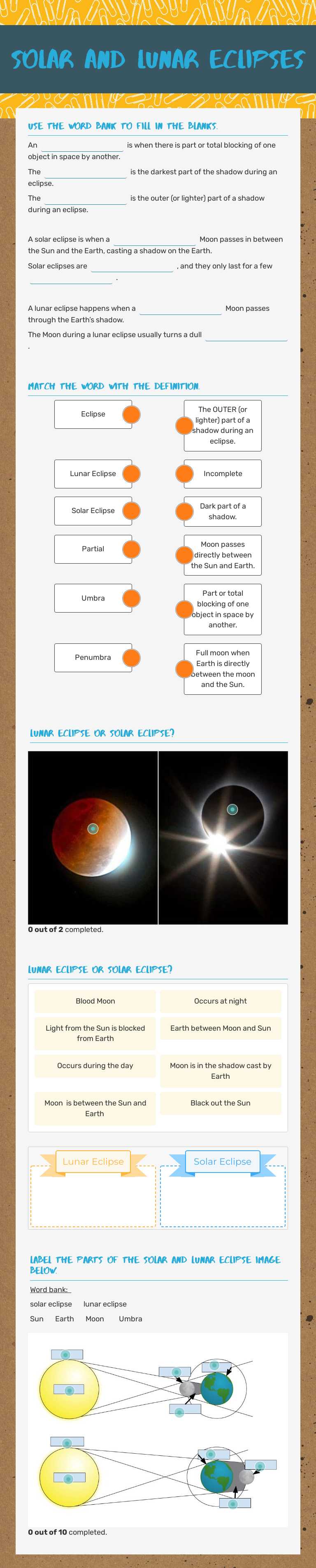 Solar and Lunar Eclipses Grade 6 worksheet preview