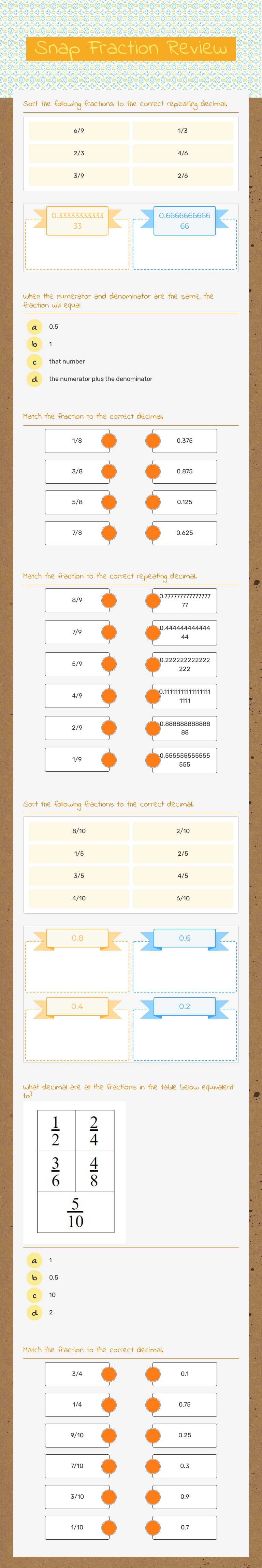 Snap Fraction Review worksheet preview image