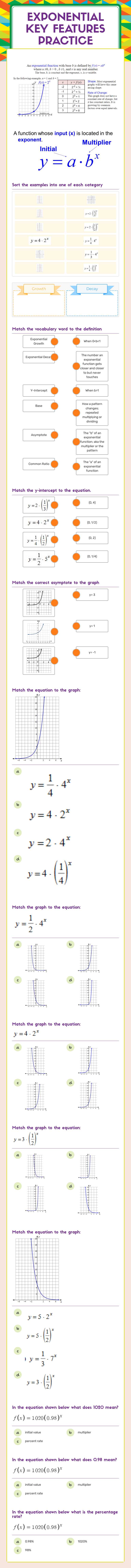 Exponential Key Features Practice worksheet preview image