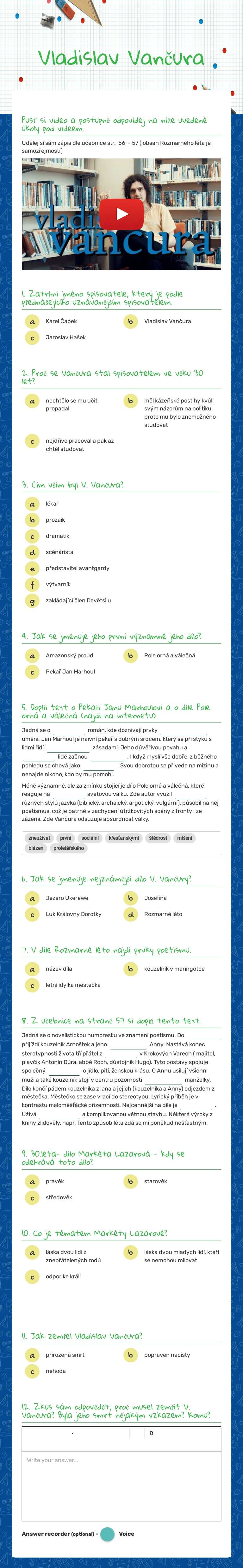 Vladislav Vančura worksheet preview