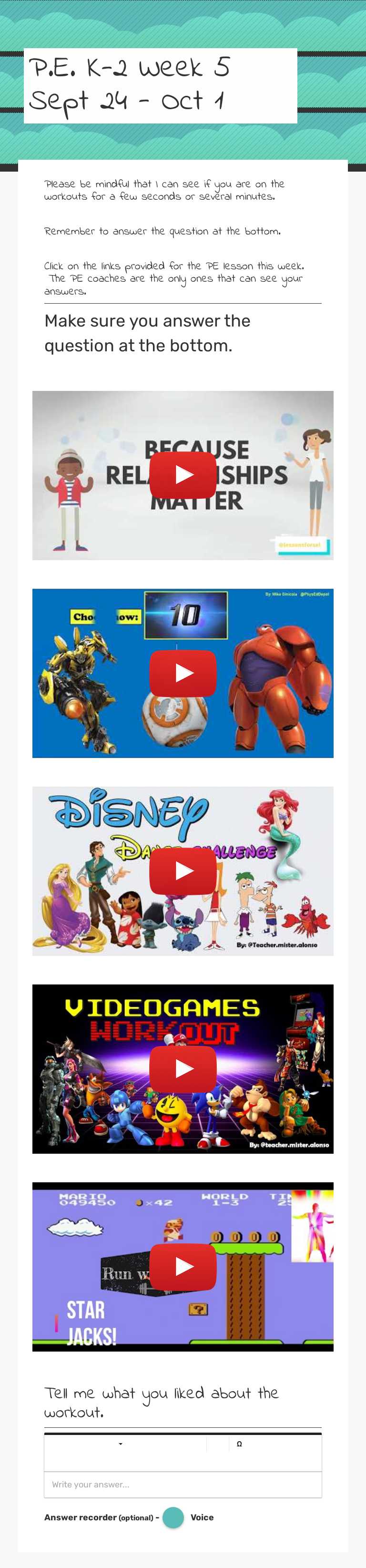 P.E. K-2
Week 5 
Sept 24 - Oct 1 worksheet preview image