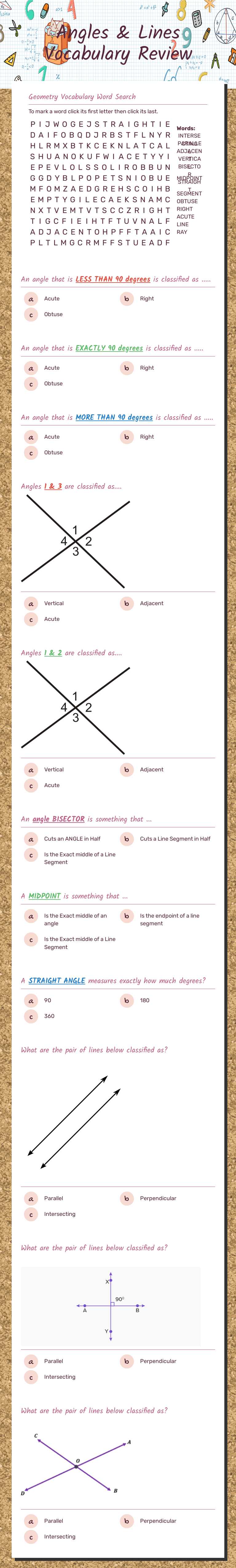 Angles & Lines Vocabulary worksheet preview image