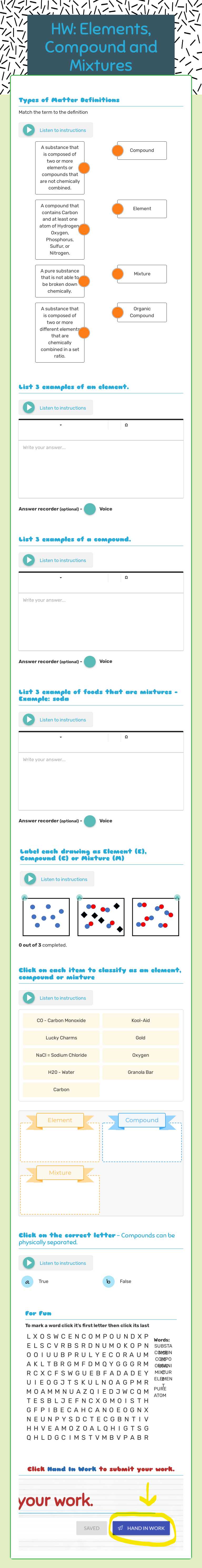 HW: Elements, Compound and Mixtures Grade 8 worksheet preview