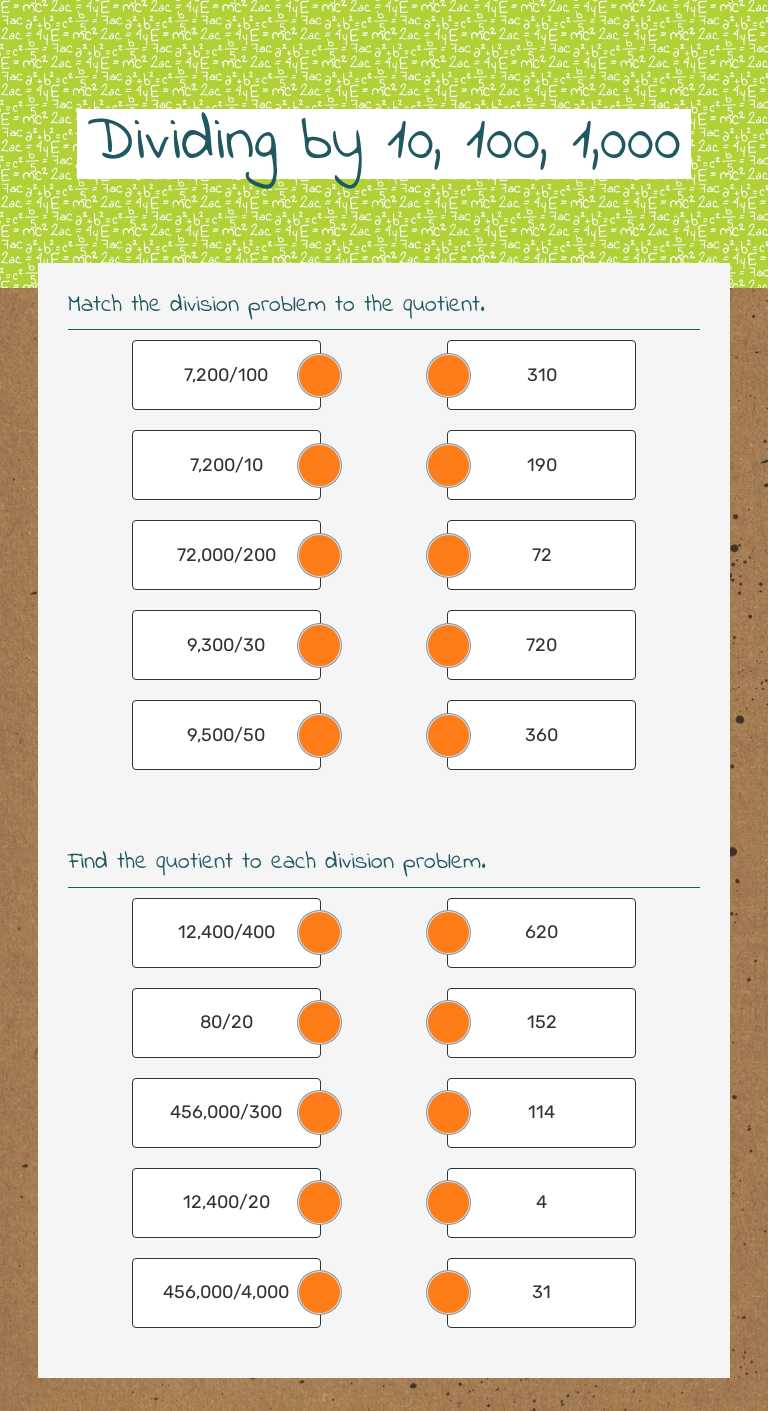 Dividing by 10, 100, 1,000 worksheet preview image
