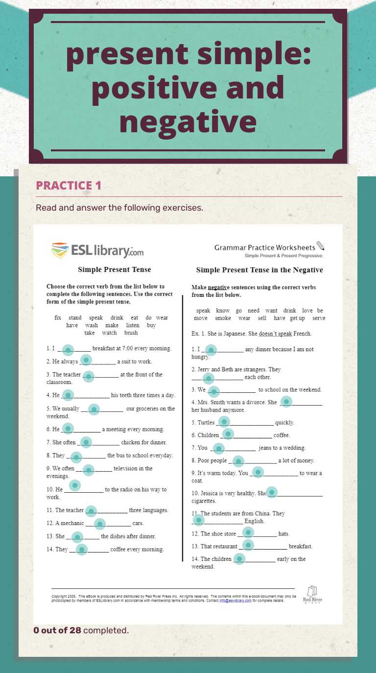 present simple: positive and negative Grade 8 worksheet preview