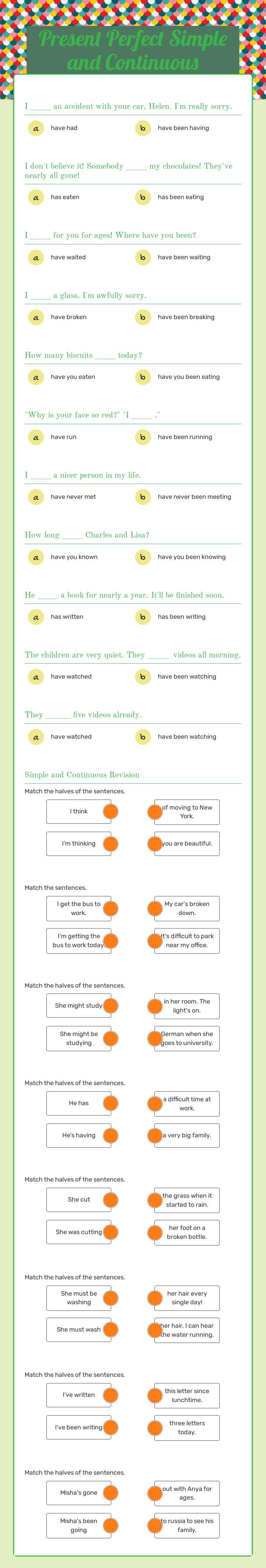 Present Perfect Simple and Continuous Grade 10 worksheet preview