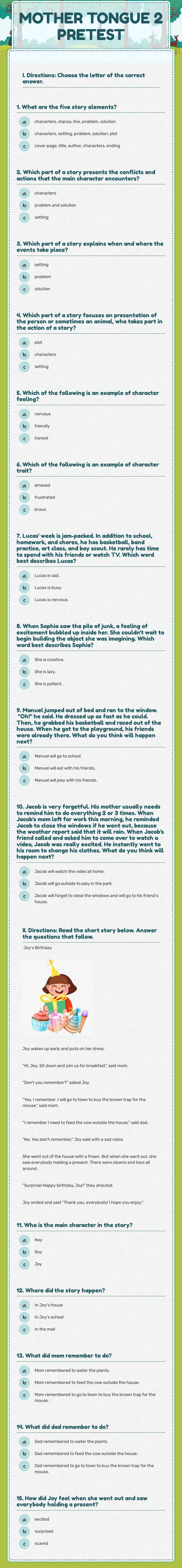 MOTHER  TONGUE  2  PRETEST Grade 2 worksheet preview