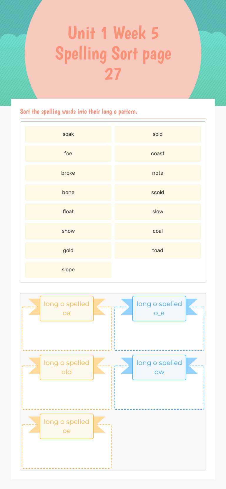 Unit 1 Week 5            Spelling Sort page 27 Grade 3 worksheet preview