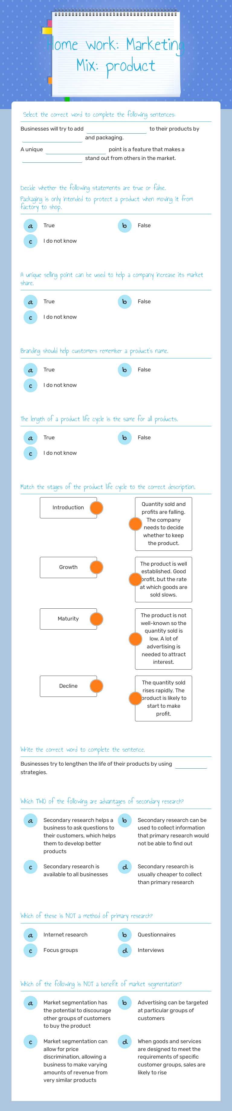 Home work: Marketing Mix: product worksheet preview image