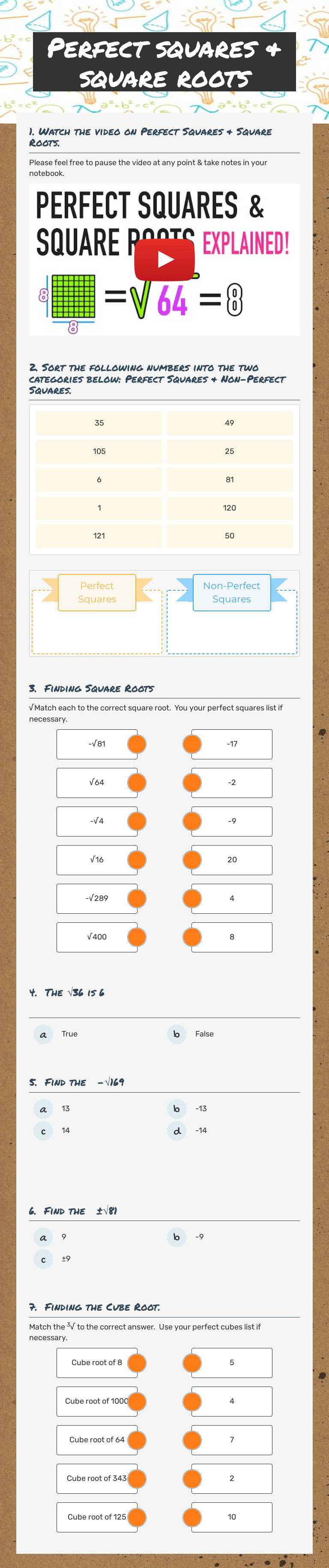 Perfect squares & square roots worksheet preview image
