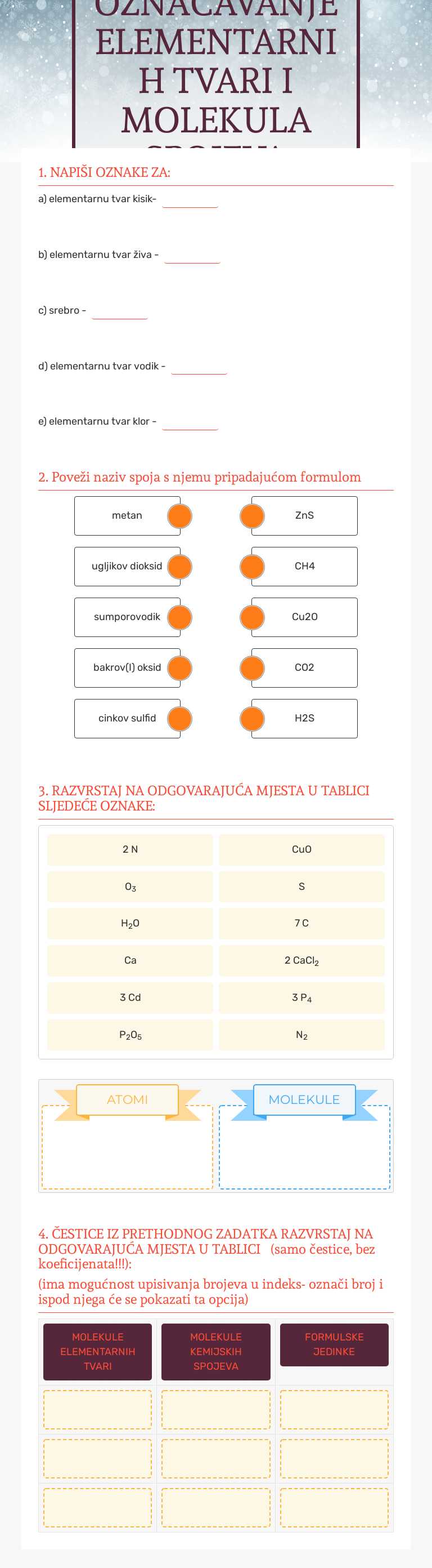 OZNAČAVANJE ELEMENTARNIH TVARI I MOLEKULA SPOJEVA worksheet preview image