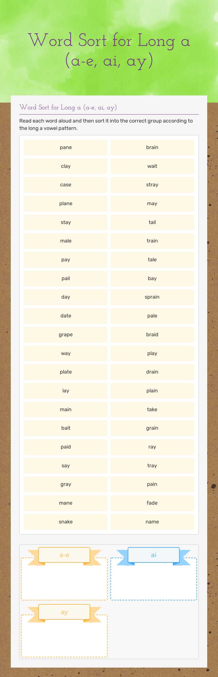 Word Sort for Long a (a-e, ai, ay) worksheet preview image