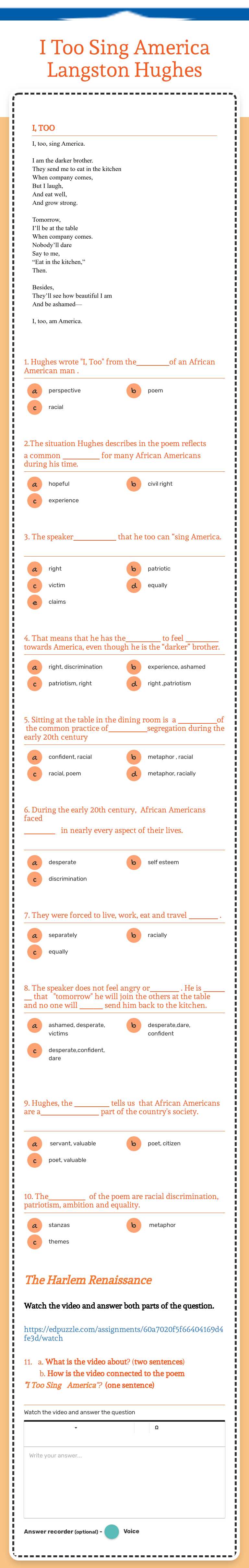 I Too Sing America Langston Hughes worksheet preview image