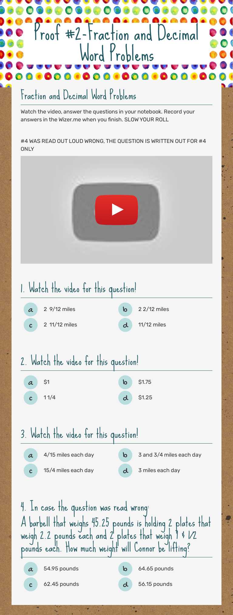 Proof #2-Fraction and Decimal Word Problems worksheet preview image