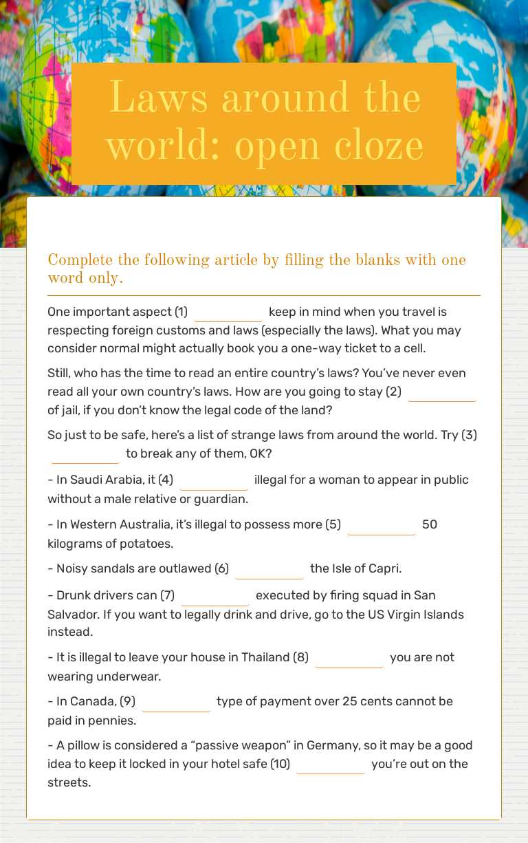 Laws around the world: open cloze Other worksheet preview