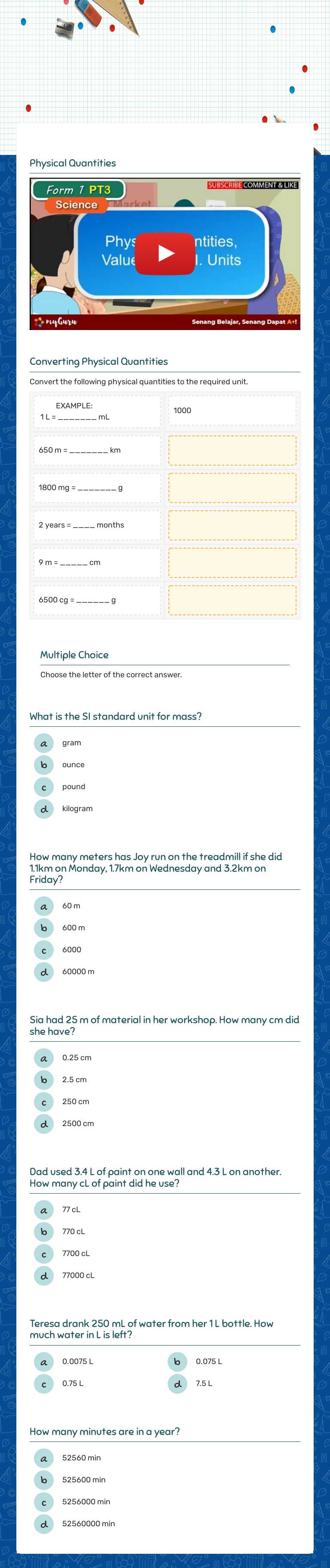 The Physical Quantities Worksheet Grade 10 worksheet preview