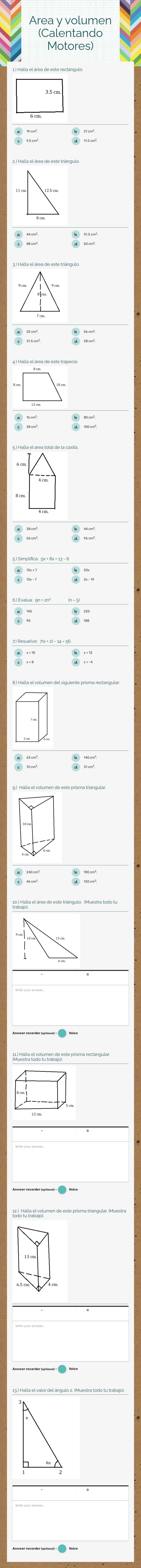 Area y volumen (Calentando Motores) worksheet preview image