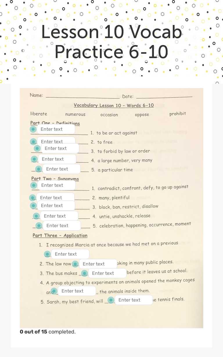 Lesson 10 Vocab Practice 6-10 worksheet preview image