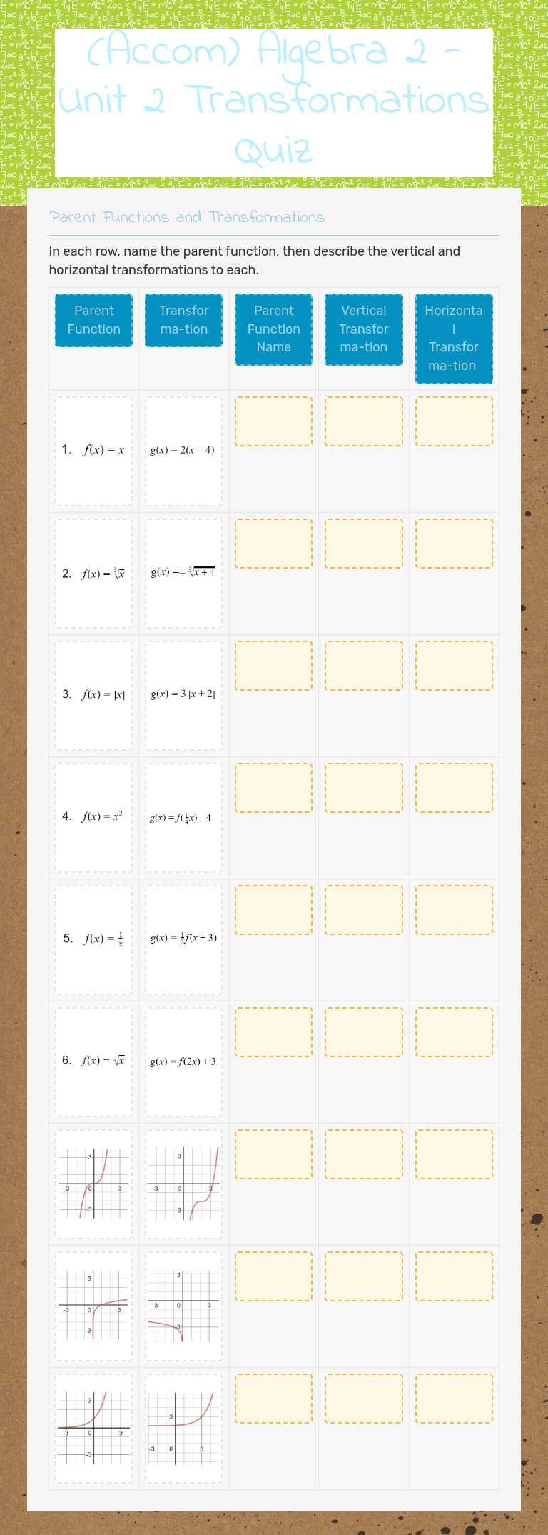 (Accom) Algebra 2 - Unit 2 Transformations Quiz Grade 10 worksheet preview