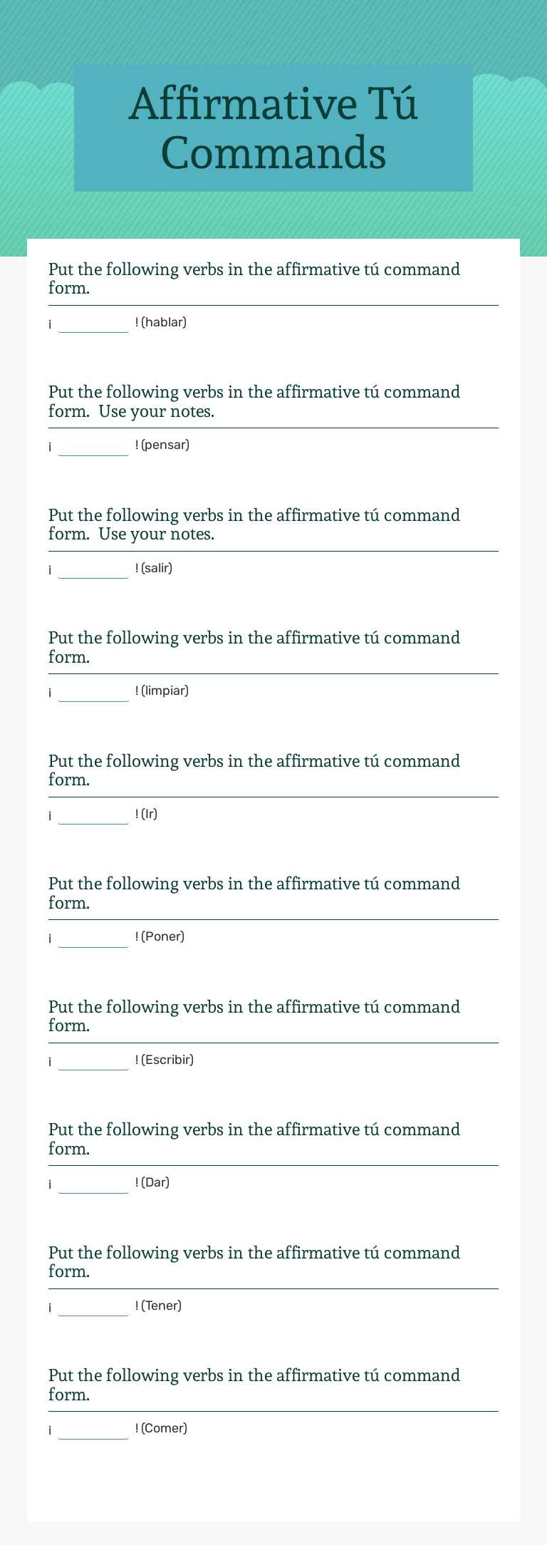 Affirmative Tú Commands worksheet preview image
