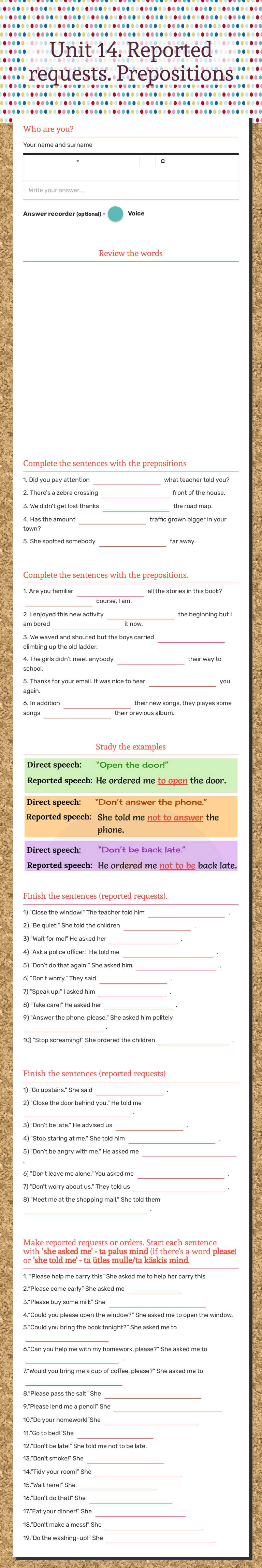 Unit 14. Reported requests. Prepositions worksheet preview image