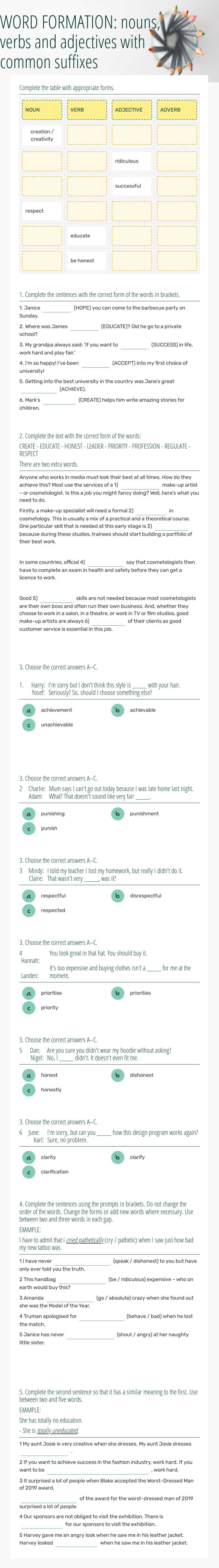 WORD FORMATION: nouns, verbs and adjectives with common suffixes worksheet preview image