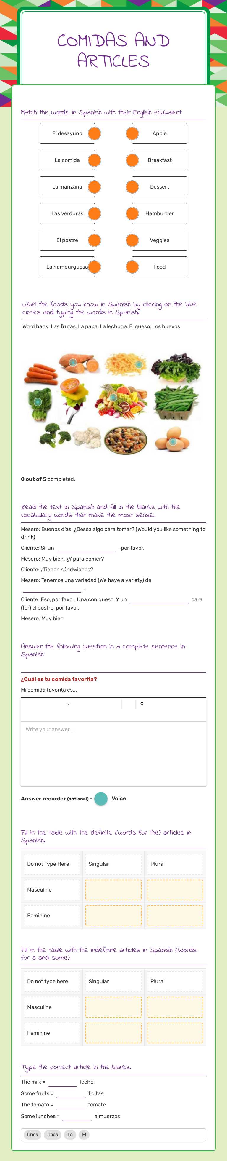 Comidas and Articles worksheet preview