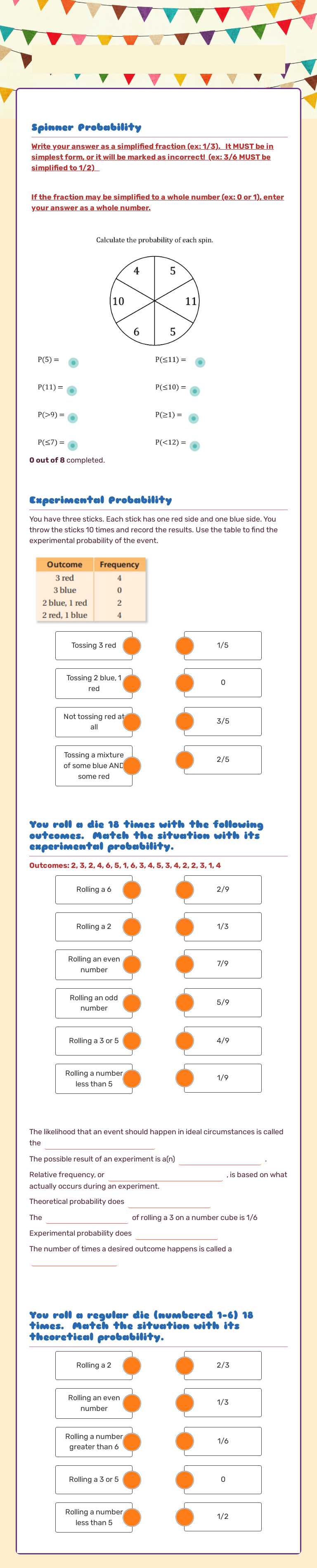 Theoretical and Experimental Probability worksheet preview image