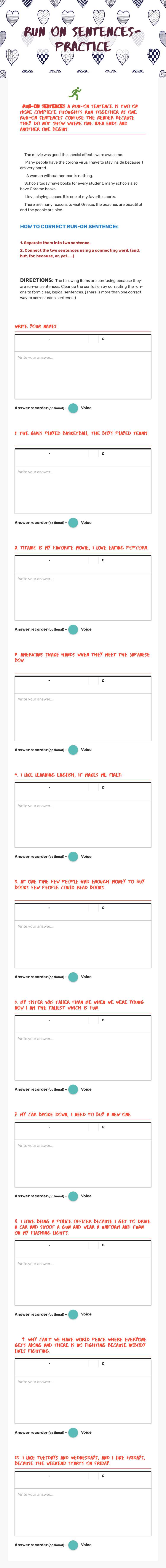 RUN ON SENTENCES- Practice worksheet preview image