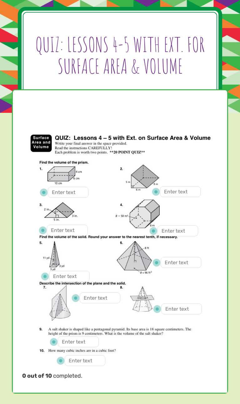 Quiz: Lessons 4-5 with Ext. for Surface Area & Volume worksheet preview image