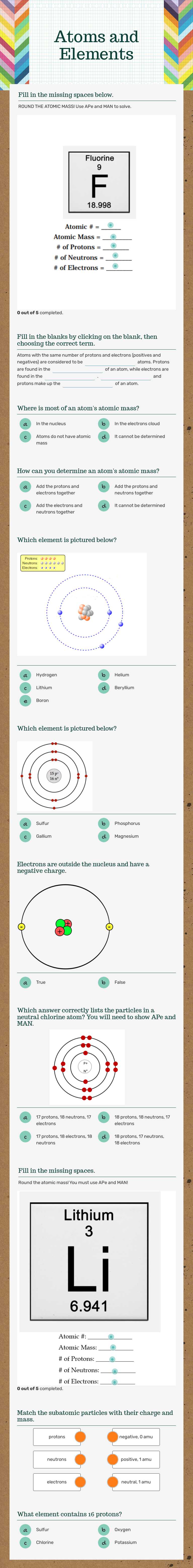 Atoms and Elements worksheet preview image