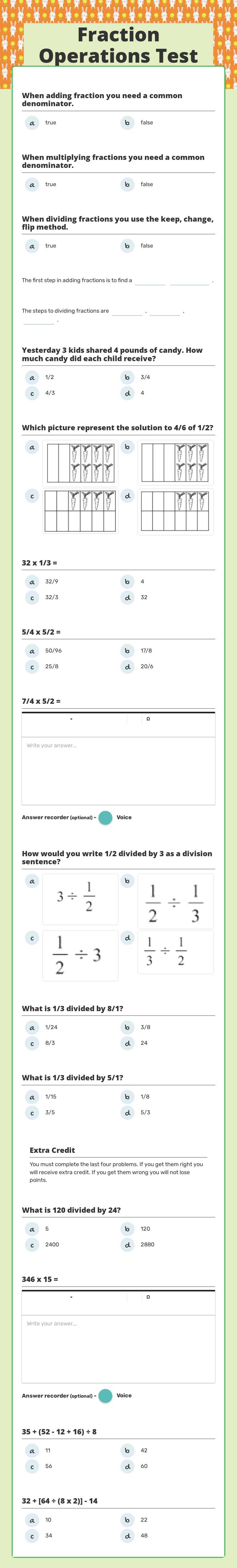 Fraction Operations Test worksheet preview image