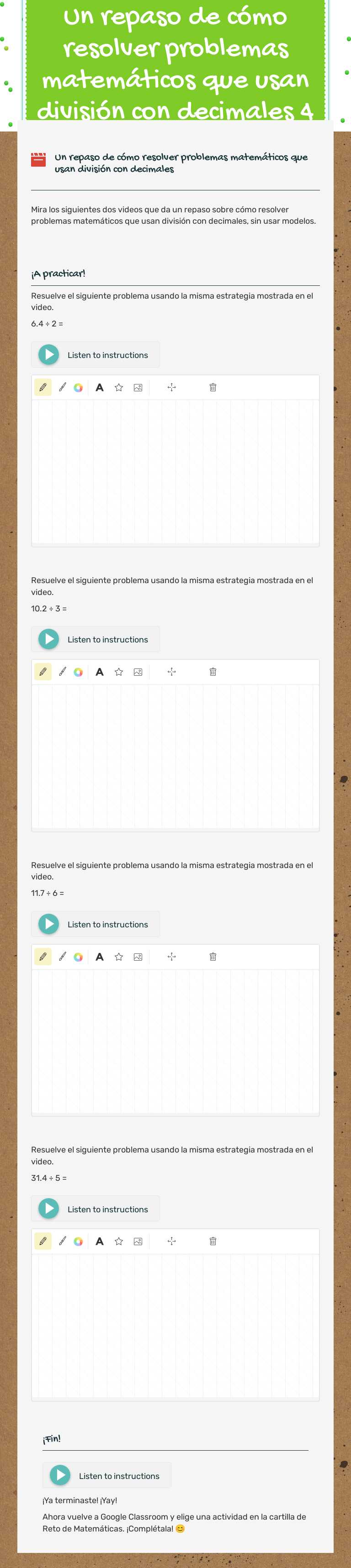 Un repaso de cómo resolver problemas matemáticos que usan división con decimales 4 worksheet preview image
