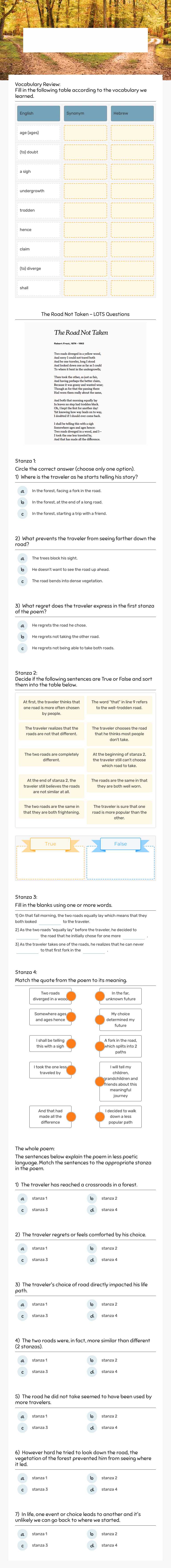 The Road Not Taken Review Grade 10 worksheet preview