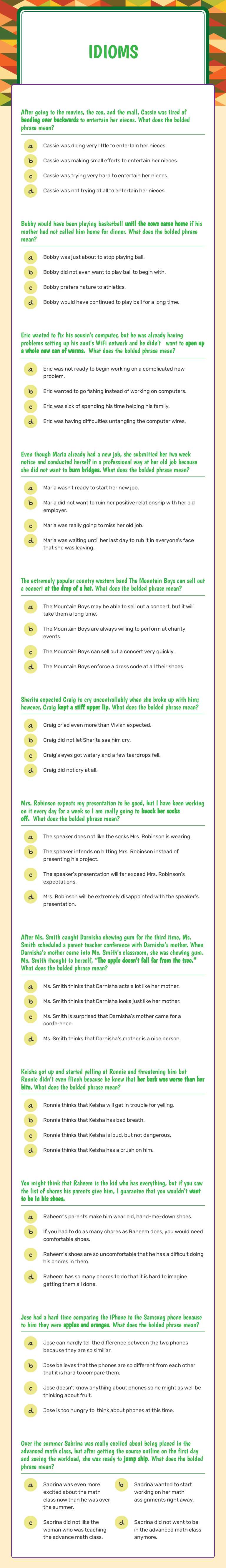 IDIOMS Grade 7 worksheet preview