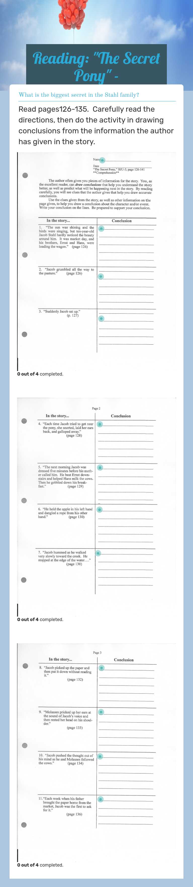 Reading:  "The Secret Pony" - Comprehension worksheet preview image