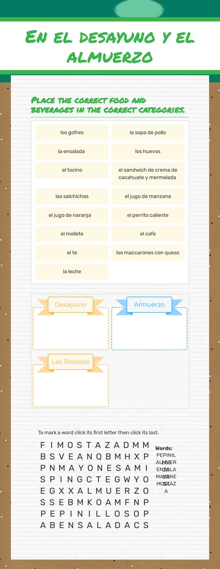 En el desayuno y el almuerzo Grade 10 worksheet preview