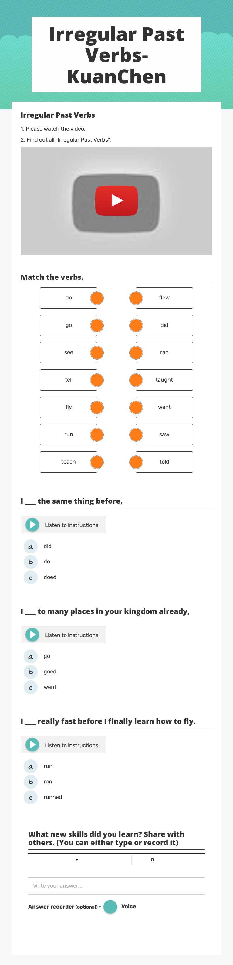Irregular Past Verbs-KuanChen worksheet preview image