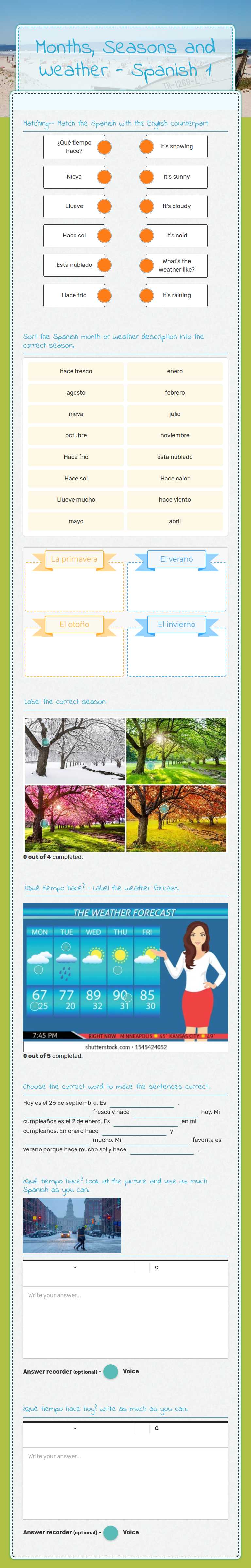 Months, Seasons and Weather - Spanish 1 worksheet preview image