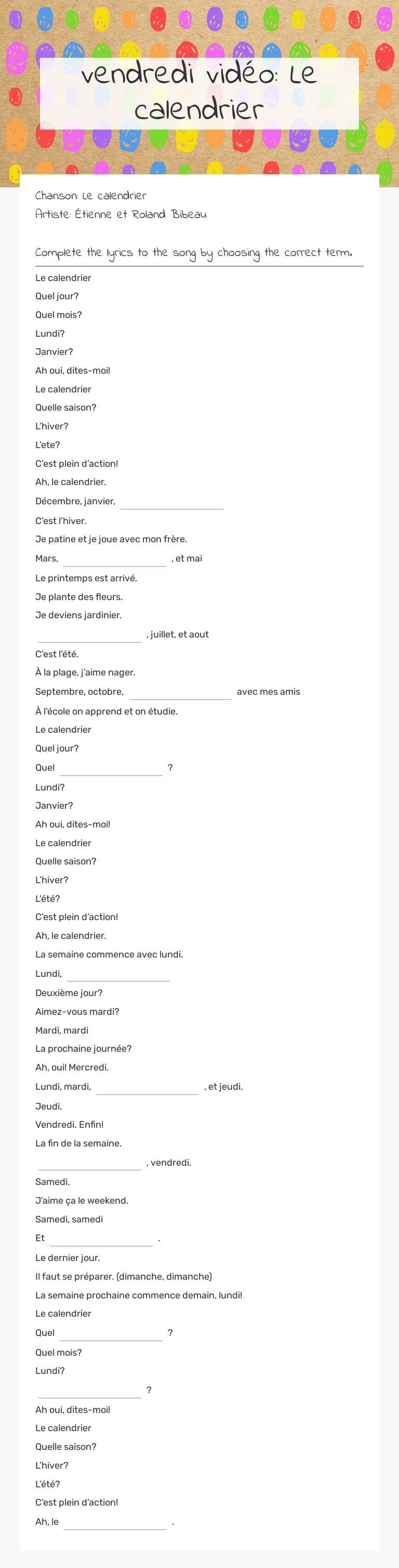 vendredi vidéo: Le calendrier worksheet preview image