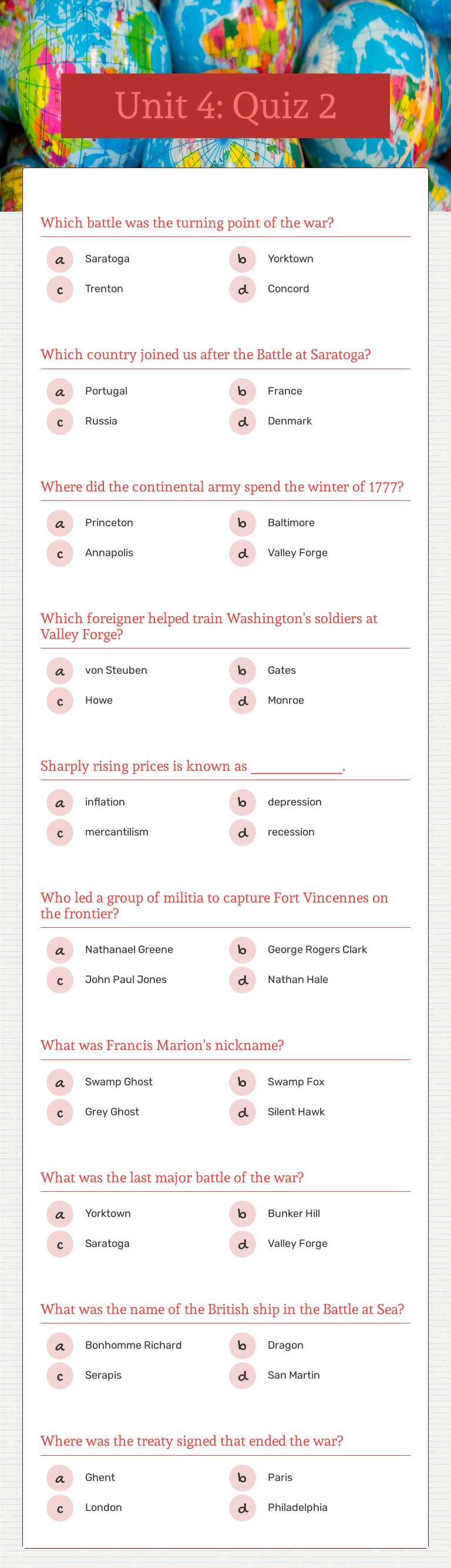 Unit 4:  Quiz 2 worksheet preview image