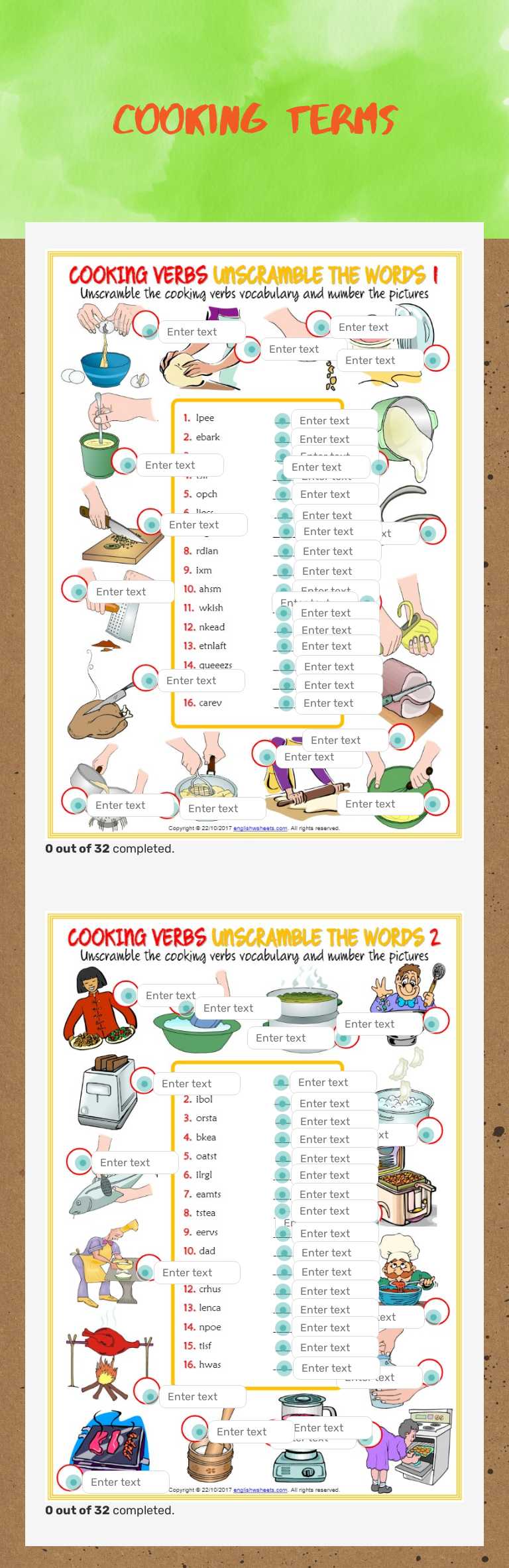 COOKING TERMS worksheet preview image