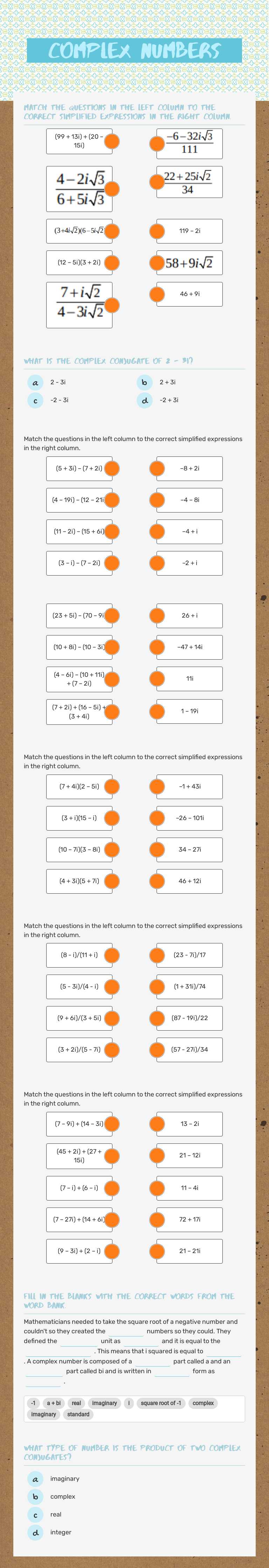 Complex Numbers Grade 11 worksheet preview