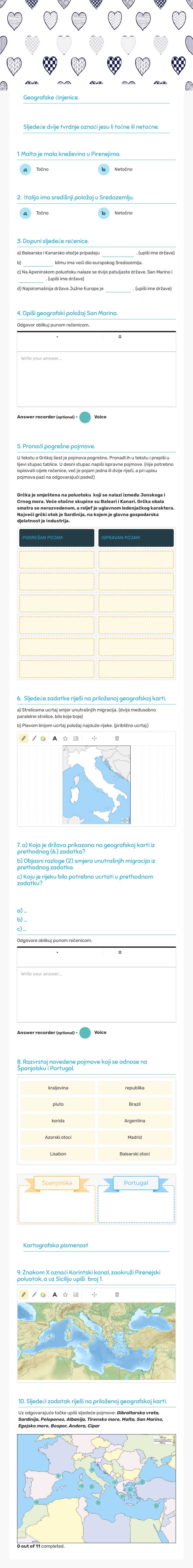 Države južne europe - ispit Grade 7 worksheet preview