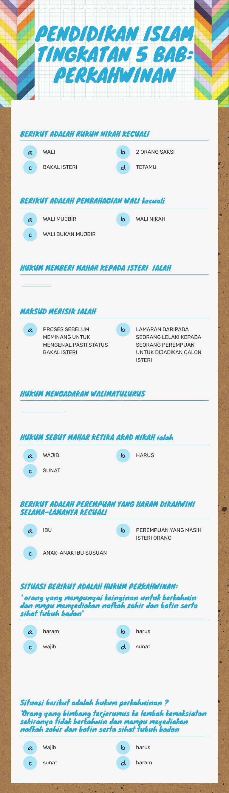 PENDIDIKAN ISLAM TINGKATAN 5      BAB: PERKAHWINAN worksheet preview image