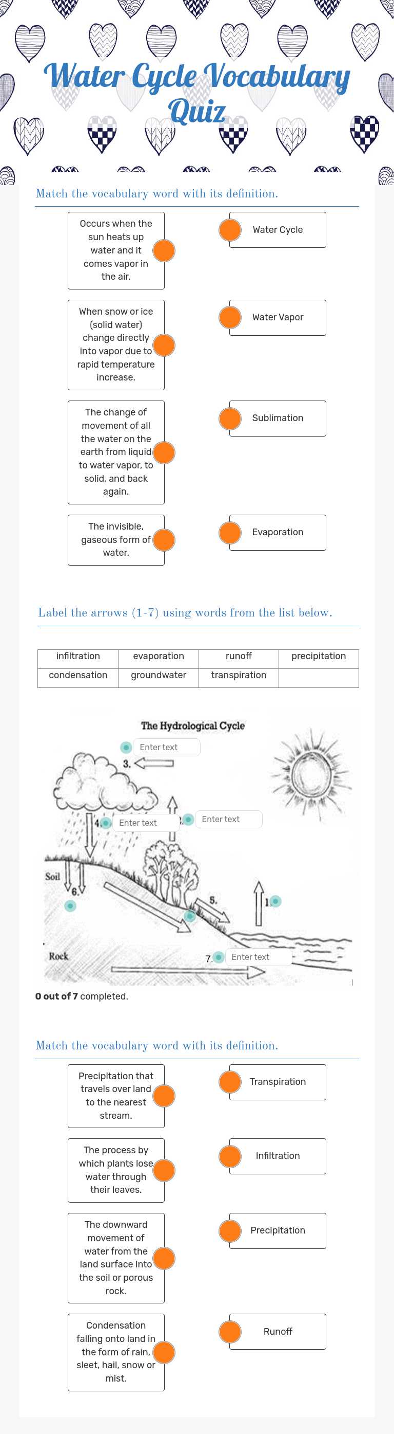 Water Cycle Vocabulary Quiz worksheet preview image