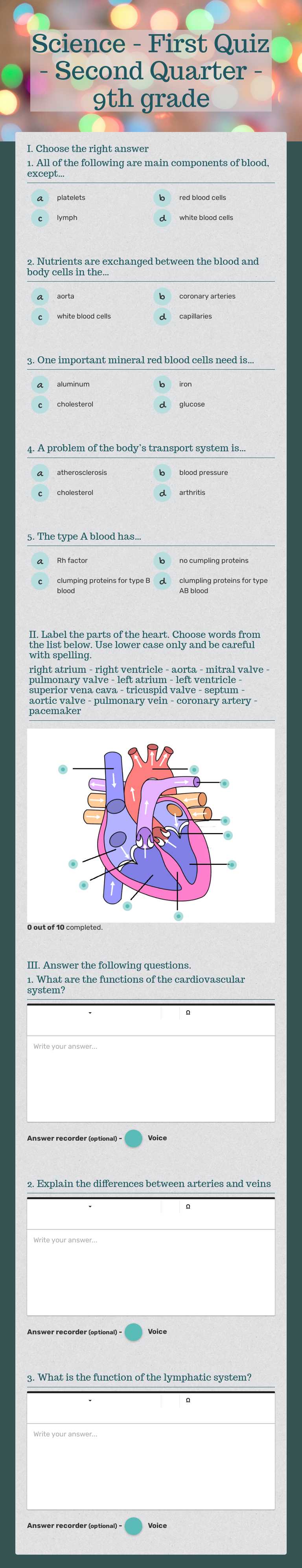 Science - First Quiz - Second Quarter - 9th grade worksheet preview image