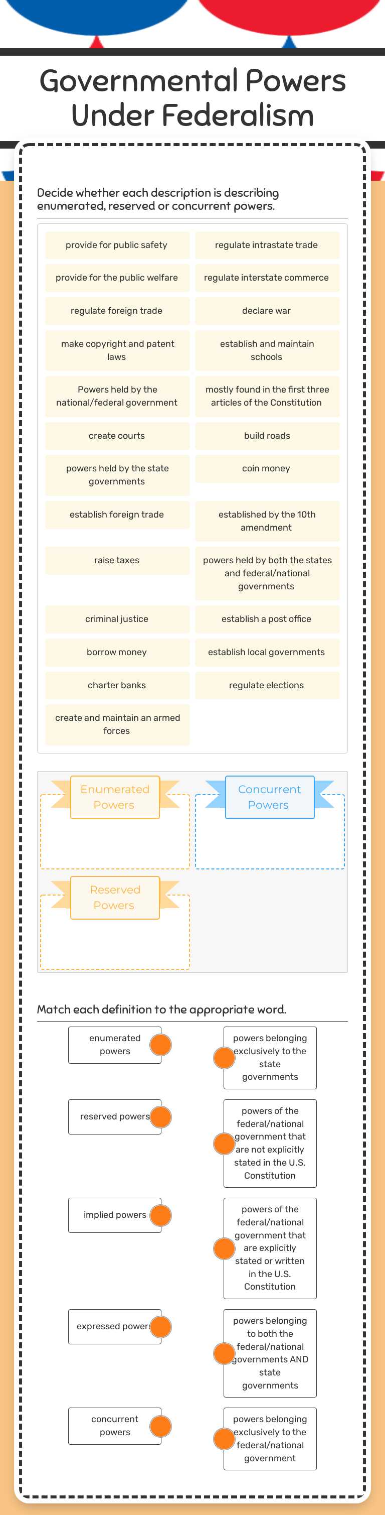 Governmental Powers Under Federalism worksheet preview image